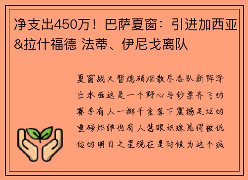净支出450万！巴萨夏窗：引进加西亚&拉什福德 法蒂、伊尼戈离队